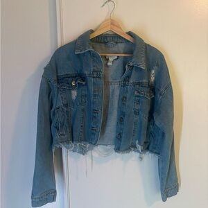 Forever21 Cropped Distressed Denim Jacket - Light Blue